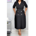 Blue Half Sleeve Notched Collar Button Belt Pleated Lady Career Dress